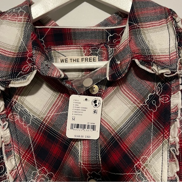 NWT Free People Plaid Ruffle Button Down Shirt Red Western Flannel Top Medium - Picture 9 of 9